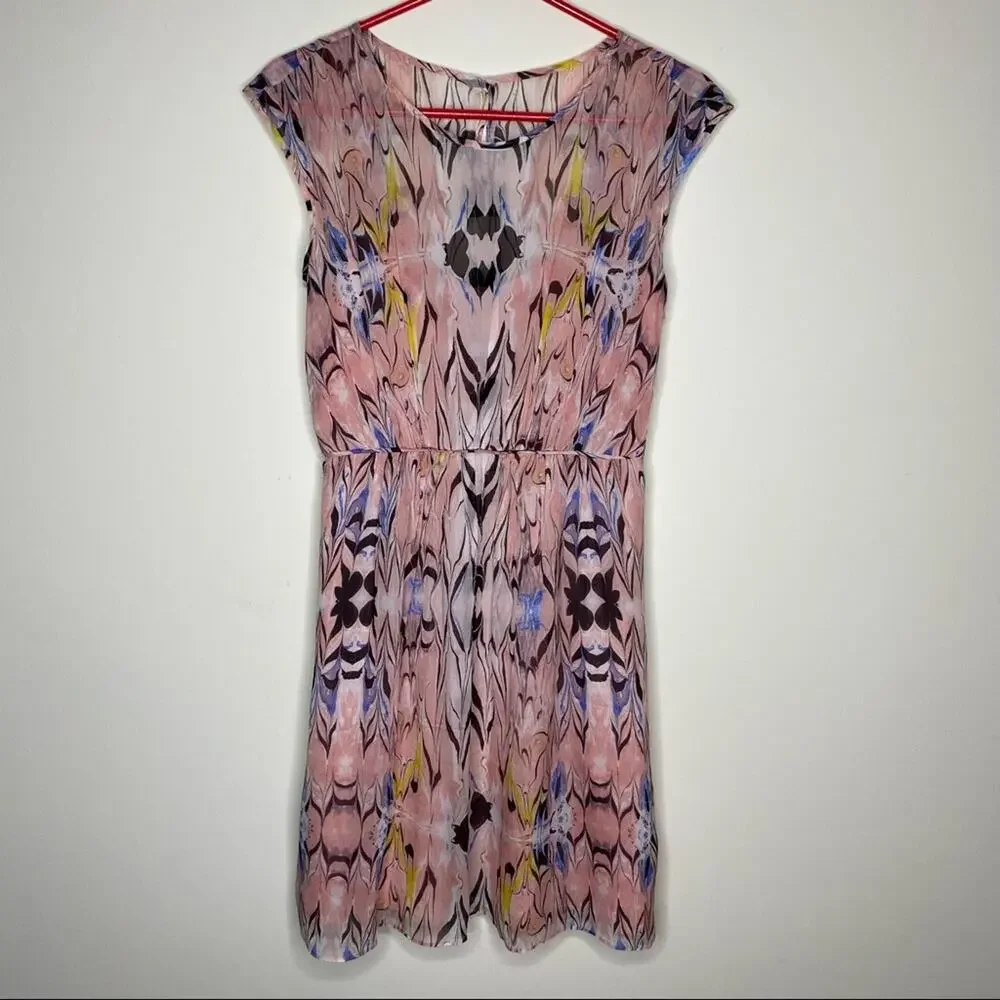 J Crew Silk Chiffon Dress Marble Print Pink Side Zip Pockets A-Line Size 2 - Picture 2 of 6